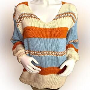 Women's V-neck striped sweater in cream, blue‎ and orange - XL